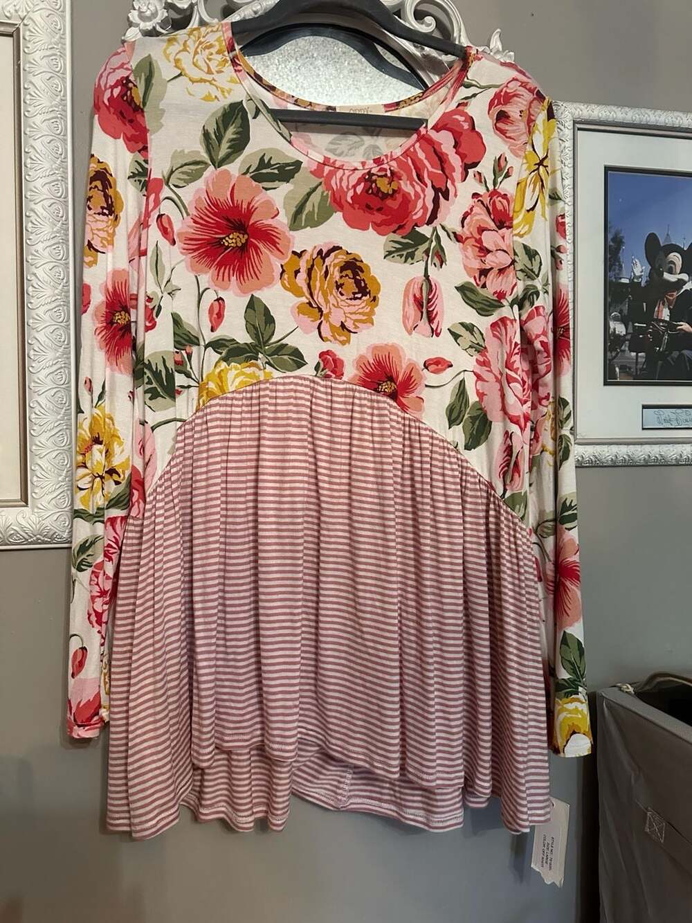 ODDI Floral and Striped Long Sleeve Peplum Top Size Large
